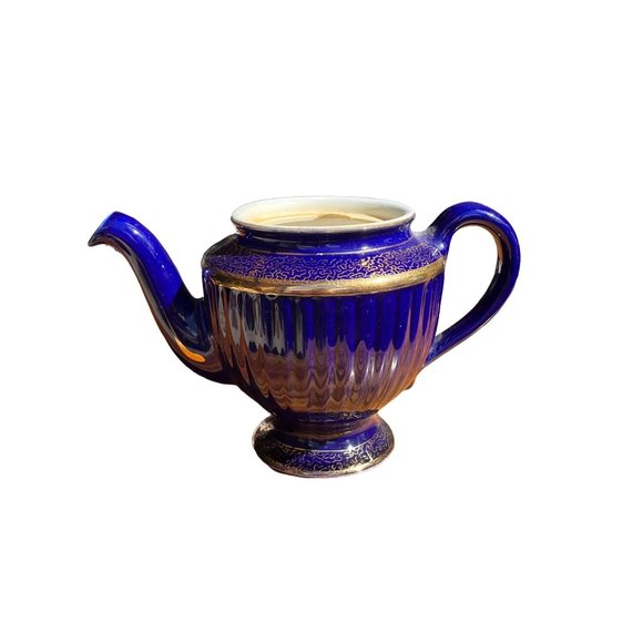Vintage Cobalt Blue Hall Teapot Los Angeles Gold Trim Ribbed 083 READ - Picture 8 of 11